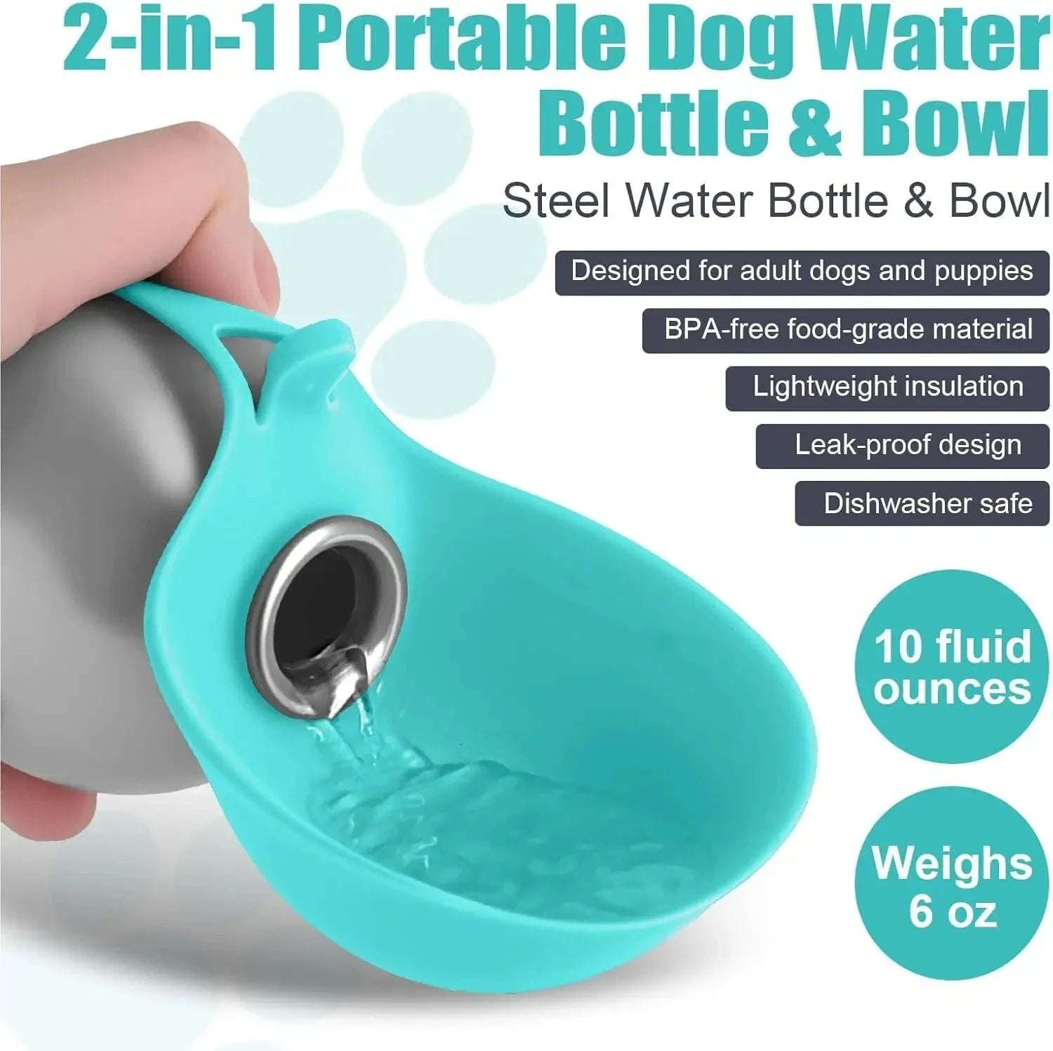 Pet Water Bottle Leak Proof 2IN1 Stainless Steel Food Grade Plastic Collapsible Silicone Bowl 285ML Lightweight Portable Outdoor