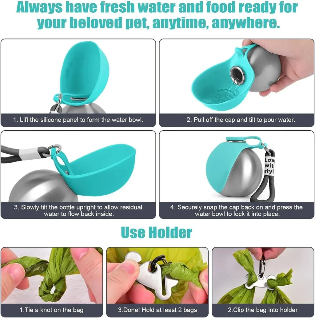 Pet Water Bottle Leak Proof 2IN1 Stainless Steel Food Grade Plastic Collapsible Silicone Bowl 285ML Lightweight Portable Outdoor